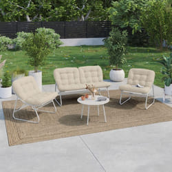 IDMARKET Salon de jardin bas ARONA 4 places en acier blanc et coussins beiges avec canapé fauteuils et table