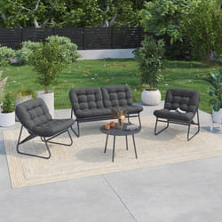 IDMARKET Salon de jardin bas ARONA 4 places en acier gris anthracite et coussins gris avec canapé fauteuils et table