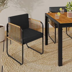 IDMARKET Lot de 4 chaises de jardin RIO structure métal noir cordage effet rotin clair et coussins noirs