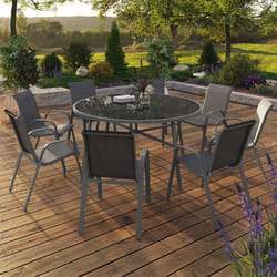 IDMARKET Salon de jardin MADRID table ronde 150 CM et 8 chaises empilables gris anthracite