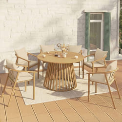 IDMARKET Salon de jardin SOLAL table ronde 120 cm avec pied lattes en métal et 6 chaises de jardin avec lanières et coussins beiges