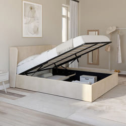 IDMARKET Lit coffre double OREA avec tête de lit enveloppante et sommier 140 x 190 cm velours beige