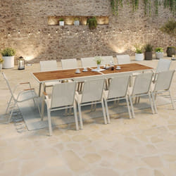 ID MARKET Ensemble table 150 cm fixe et 8 chaises chaises NOUMEA noir et bois empilable