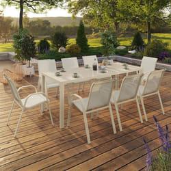 ID MARKET Ensemble table 150 cm fixe et 8 chaises chaises NOUMEA noir et bois empilable