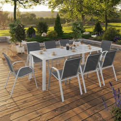 IDMARKET Salon de jardin MADRID table 190 cm et 8 chaises empilables blanc et gris