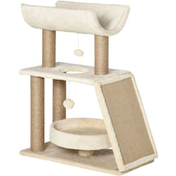 Arbre à chat griffoirs grattoir jeu boules suspendues plateformes ronde, rectangulaire et demi-cylindrique peluche jute naturelle beige