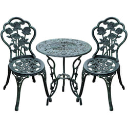 Ensemble salon de jardin 2 places 2 chaises + table ronde style néo-rétro motif rose lignes fuselées fonte d'aluminium vert vieilli