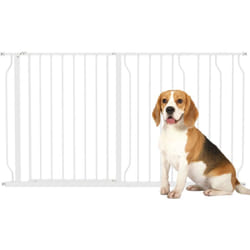 Barrière de sécurité animaux - longueur réglable dim. 75-145 cm - porte double verrouillage, ouverture double sens -sans perçage - acier abs blanc