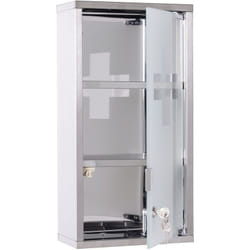 Armoire à pharmacie 2 étagères 3 niveaux verrouillable porte verre trempé dépoli logo croix 25L x 12l x 48H cm acier inox