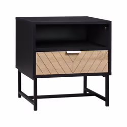 Table de chevet table de nuit style industriel tiroir niche piètement métal panneaux particules aspect bois de chêne sculpté  ...