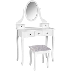 Homcom - Coiffeuse et tabouret style baroque 5 tiroirs miroir ovale pivotant 360° mdf bois blanc