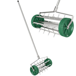 Rouleau aérateur - Outsunny - pour pelouse jardin manche télescopique entretien gazon - métal - 98x45x87cm - vert