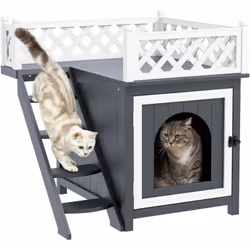 Explorez la maison pour chats PawHut, un refuge douillet sur deux niveaux avec balcon, espace protégé et escaliers pour un ac ...