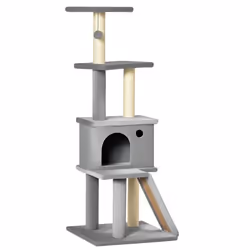 Arbre à chat centre d'activités multi-équipé griffoirs grattoir jeu boule suspendue niche housse amovible plateformes gris