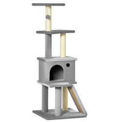 Arbre à chat centre d'activités multi-équipé griffoirs grattoir jeu boule suspendue niche housse amovible plateformes gris