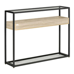 HOMCOM Table console table dappoint table dentrée en verre trempé avec étagère en bois chêne clair plateau en grille métal noir