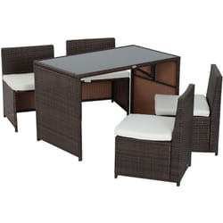 Ensemble salon de jardin encastrable 4 chaises monoblocs avec coussins déhoussables et table résine tressée chocolat