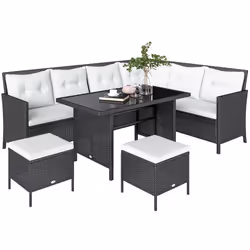 Salon de jardin 8 pers. grand confort canapé dangle + 2 poufs + table à manger 12 coussins assise & dossier fournis polyester ...