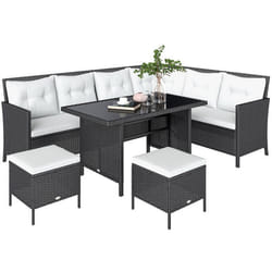 Salon de jardin 8 pers. grand confort canapé dangle + 2 poufs + table à manger 12 coussins assise & dossier fournis polyester écru