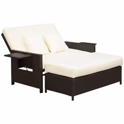 Ensemble de jardin 2 places canapé dossier inclinable tablettes coffre matelas, coussins, repose-pieds intégrées chocolat crè ...