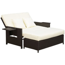 Ensemble de jardin 2 places canapé dossier inclinable tablettes coffre matelas, coussins, repose-pieds intégrées chocolat crème