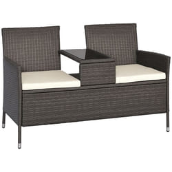 Banc de jardin design contemporain double coussins assise et tablette intégrée résine tressée grise polyester crème