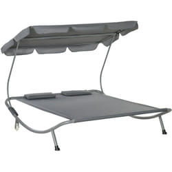 Bain de soleil 2 places lit de jardin design contemporain toit réglable 2 roulettes 2 oreillers acier époxy polyester gris