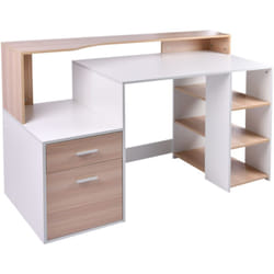 Homcom - Bureau Informatique multimédia Design Multi-rangements 137 l x 55 l x 92 h cm chêne Blanc
