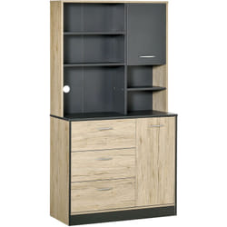 Armoire de cuisine multi-rangements 2 portes 3 tiroirs 3 étagères + grand plateau 90L x 39l x 169H cm bicolore chêne clair gris
