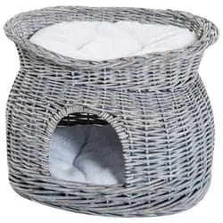 Ce panier lit pour chat style cosy en osier gris fourni avec 2 coussins permettra à votre chat de se reposer en toute tranquillité