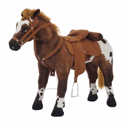 Cheval debout en peluche effets sonores hennissement et galop selle étrier rênes 85L x 28l x 60H marron blanc