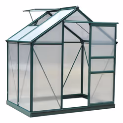 Serre de jardin aluminium polycarbonate 2,51 m² lucarne, porte coulissante, fondation incluse alu. vert polycarbonate transpa ...