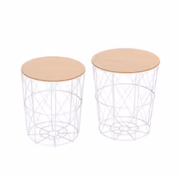 Lot de 2 tables basses gigognes rondes encastrables style néo-rétro bicolore structure métal blanc plateau MDF coloris hêtre