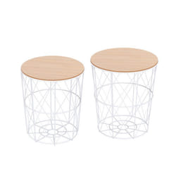 Lot de 2 tables basses gigognes rondes encastrables style néo-rétro bicolore structure métal blanc plateau MDF coloris hêtre