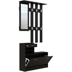 Ensemble de meubles d'entrée design contemporain : meuble chaussures, miroir et panneau porte-manteau panneaux de particules noir