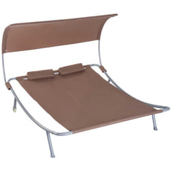 Bain de soleil 2 places lit de jardin design contemporain toit réglable 2 roulettes 2 oreillers acier époxy polyester marron