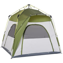 Tente de camping familiale 4 personnes montage instantanée pop-up 4 fenêtres pare-soleil dim. 2,4L x 2,4l x 1,95H m fibre verre polyester vert gris