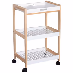 Chariot de service desserte de cuisine à roulettes 2 étagères + plateau amovible bois de pin MDF blanc