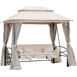 Outsunny - Balancelle de jardin 3 places convertible style colonial grand confort 2 coussins + matelas + moustiquaires inclus noir beige