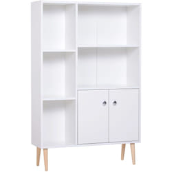 Homcom - Bibliothèque scandinave dim. 80L x 23,5l x 123H cm 5 niches placard 2 portes pieds effilés inclinés bois massif panneaux particules blanc