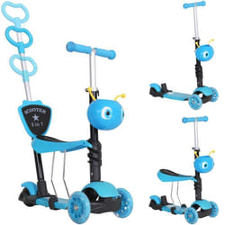 Trottinette pour enfants trottinette 3 roues évolutive 3 en 1 hauteur guidon réglable canne telescopique selle dossier amovible bleu