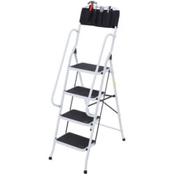 Homcom - Escabeau pliable 4 marches xl antidérapantes double garde corps hauteur max. 1,55 m charge max. 150 Kg pochette outils intégrée acier blanc