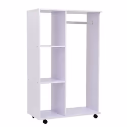 Portant à vêtements penderie mobile avec roulettes 3 étagères latérales + grand espace penderie panneaux particules blanc