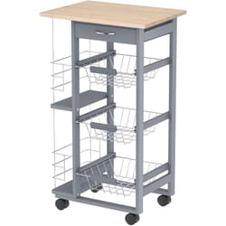 Chariot de service desserte de cuisine à roulettes multi-rangements 3 paniers métal tiroir + 2 range-bouteilles bois pin gris