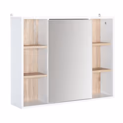 Miroir de salle de bain avec placard et étagères - 4 étagères latérales + 2 étagères intérieures - MDF panneaux particules bl ...