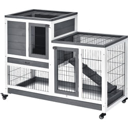 Pawhut - Clapier à lapin sur roulettes cage à lapin 2 étages 2 portes verrouillables 2 plateaux coulissants rampe bois de sapin gris blanc