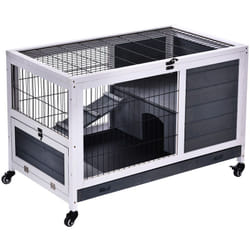 Clapier à lapin sur roulettes cage à lapin 2 étages porte verrouillable toit ouvrant plateau coulissant rampe bois de sapin gris blanc