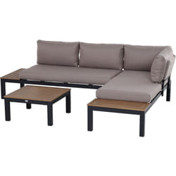 Ensemble salon de jardin d'angle design contemporain 5 places coussins marron table basse alu. noir et imitation bois