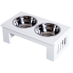Pawhut - Gamelle double chien chat Porte-gamelles surélevé dim. 44L x 24l x 15H cm 2 gamelles acier inox. incluses mdf blanc