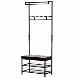 Porte-manteau vestiaire dentrée banc intégré 2 étagères 5 patères + barre de penderie métal noir simili cuir chocolat 72x35x1 ...